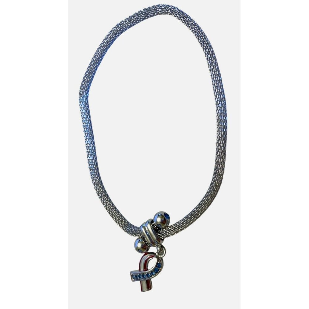 Silver Mesh Bracelet With Blue & Red Rhinestone Ribbon Pendant - Picture 1 of 10